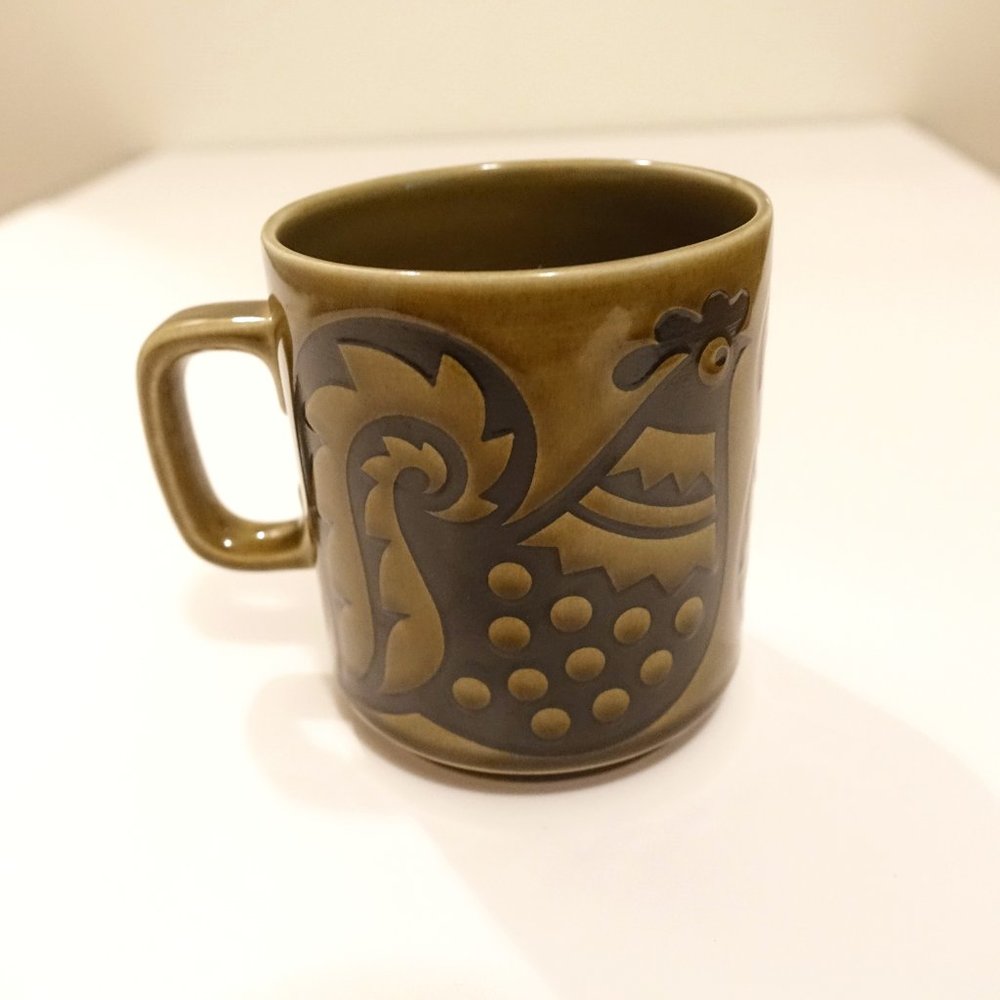 4 Rare Vintage Hornsea England MCM Rooster Chicken Olive Green Mugs 1974 - SOLD - Picture 3 of 6